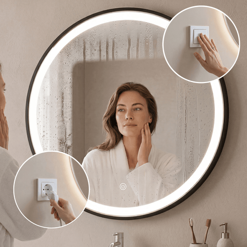 LOMAZOO badkamerspiegel Bologna - met LED verlichting - rond - zwart - 70 cm