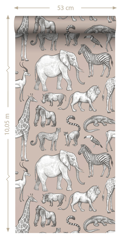 ESTAhome behang jungle dieren oudroze en grijs - 53 cm x 10.05 m - 139271