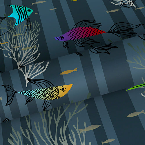 Walls4You behang vissen vergrijsd donker blauw en meerkleurig - 53 cm x 10 m - 640133