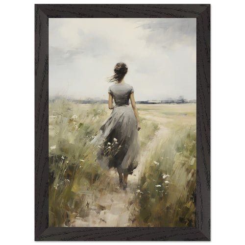 Artfulprints Poster met Lijst Woman in flowerfield   - A4 21x29.7 cm - Groen