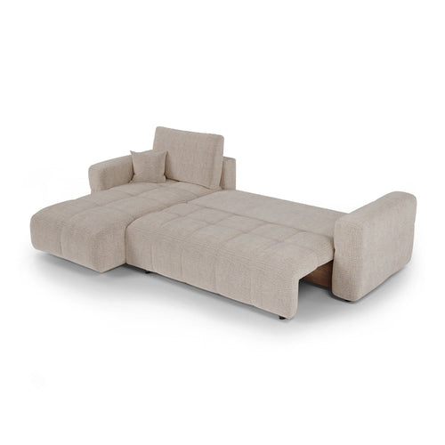 Premium Interiors - Linkshoekbank met slaapfunctie en opbergruimte VIBE - zacht aanvoelende geweven stof beige 286cm