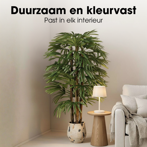 Mica Decorations Rhapispalm – Kunstplant in Pot – Realistische Nepplant Woondecoratie – Kunstplanten voor Binnen en Buiten – H150 x Ø60 cm – Groen