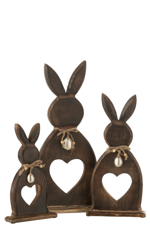 J-Line decoratie Konijn Hart + Ei - hout - donkerbruin - large