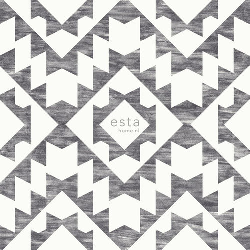 ESTAhome behang Marrakech aztec tapijt zwart en mat wit - 53 cm x 10.05 m - 148677