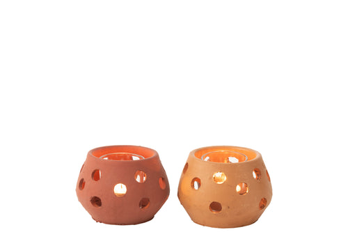 J-Line theelichthouder Gaia Rond - keramiek/glas - rood/bruin - 2 stuks