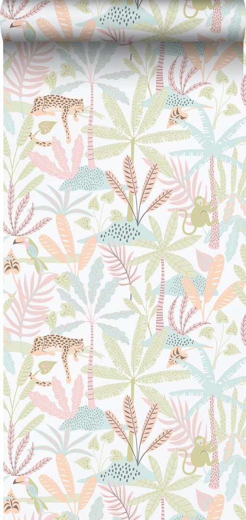 Sanders & Sanders behang jungle dieren groen, roze en blauw - 53 cm x 10.05 m - 640630