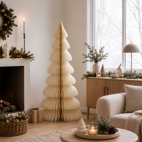 Mica Decorations Papieren Kerstboom - Opvouwbare Kunstkerstboom - H160  x Ø75cm - Kerst Decoratie - FSC Mix - Off-White/Goud