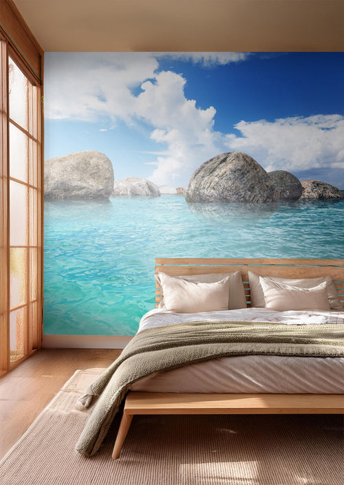Sanders & Sanders fotobehang zeezicht blauw, turquoise en grijs - 375 x 270 cm - 600421