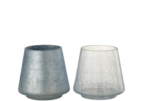 J-Line windlicht Conisch Craquelé - mat/blauw - medium - 2 stuks