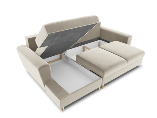 Cosmopolitan Design Uitklapbare hoekbank links met opbergdoos Kyoto 4-zits, flueel, lichtbeige - 145x241x88cm