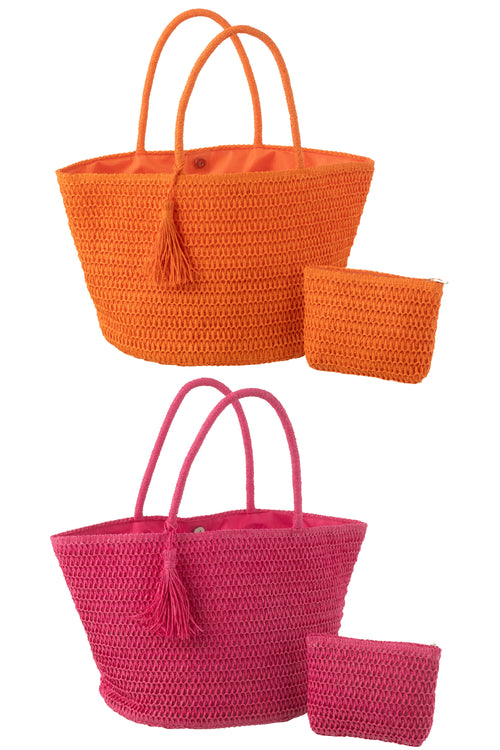 J-Line strandtas + tasje - papier - roze/oranje - 2 stuks
