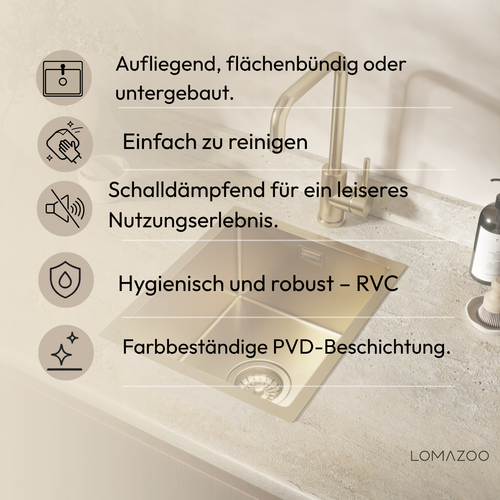 LOMAZOO Spoelbak Keuken Goud Lunara - 30 x 36 cm - RVS
