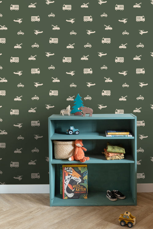 ESTAhome behang auto's, brandweerauto's, helikopters en kranen vergrijsd olijfgroen - 50 x 900 cm - 131455 - vtwonen shop