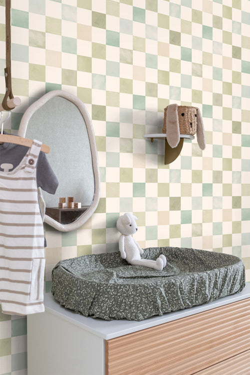 ESTAhome behang geblokt motief beige, blauw en groen - 50 x 900 cm - 131718
