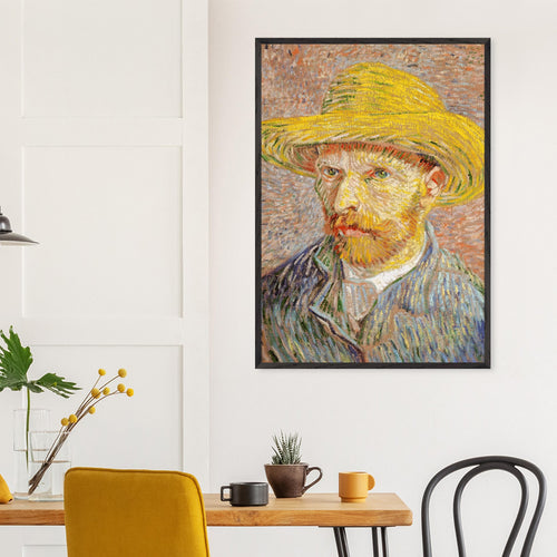 Artfulprints Poster met Lijst Vincent van Gogh - Zelfportret met strohoed   - 30x40 cm - Oranje