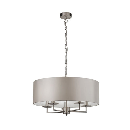Searchlight KNIGHTSBRIDGE - Hanglamp van satijnzilver met 5 lampen en kap van zilver imitatiezijde
