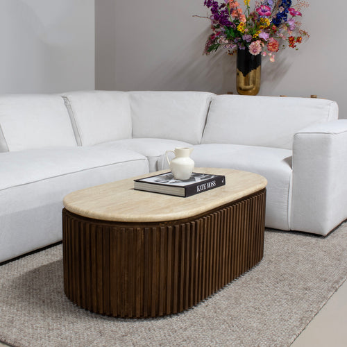 Giga Meubel Salontafel Sven Ovaal - Travertin/Hout - Bruin - 120x60x40cm