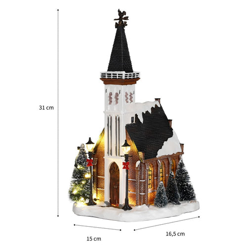 Luville Kerstdorp Miniatuur Kerk - Kerstversiering met Warme Verlichting en Besneeuwde Bomen - Kerst Decoratie voor Binnen op Batterijen - L15 x B16,5
