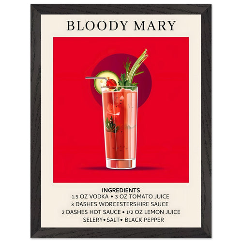 Artfulprints Poster met Lijst Bloody Mary cocktail - Ingrediënten   - 30x40 cm - Rood