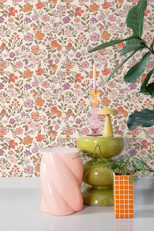 ESTAhome behang bloemetjes paars en oranje - 53 cm x 10.05 m - 131327