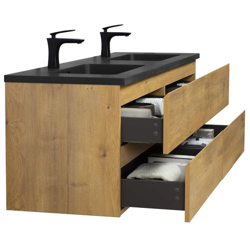 Badplaats Badkamermeubel Set Angela 160 cm – Eiken – Badmeubel met Zwarte Wastafel
