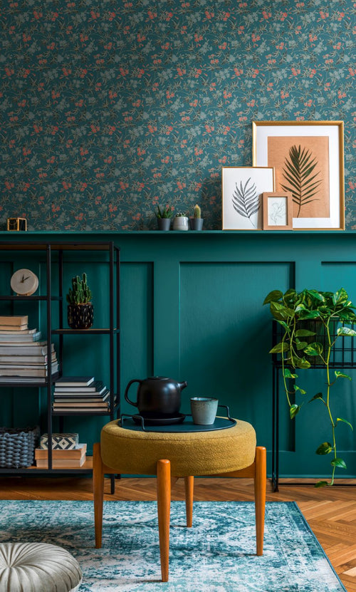 Livingwalls behang bloemmotief blauwgroen en terracotta - 53 cm x 10.05 m - AS-390634 - vtwonen shop