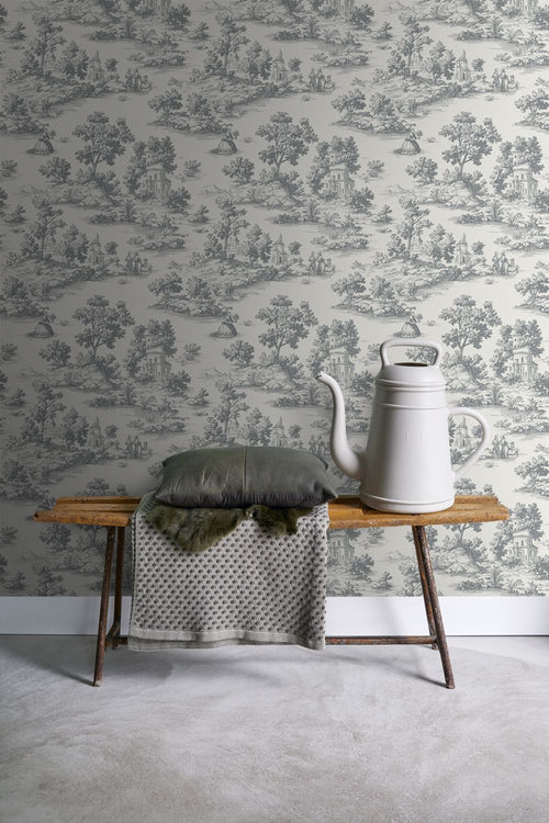 Sanders & Sanders behang toile de jouy print donkergrijs - 53 cm x 10 m - 641038