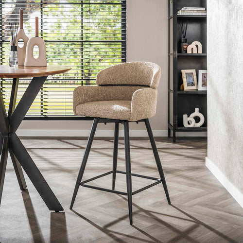 Giga Meubel Barstoel Ronde Rug - Zand Bouclé - Draaibaar - Zithoogte 68cm - Set van 2