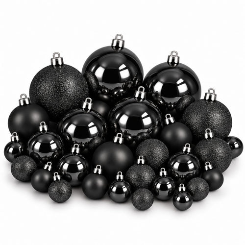 Mica Decorations Kerstballenset Zwart 46 Stuks - Onbreekbare Kerstballen met Diameter 4, 6 en 8 cm - Mix van Mat, Glans en Glitter -