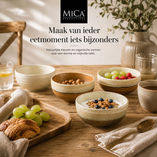 Mica Decorations Kommen Set 4 Stuks - Schaaltjes Set van Steengoed - Ontbijtkommen, Dessertkommen en Snackkommen - Ø11 x 5,5 cm - Aardetinten