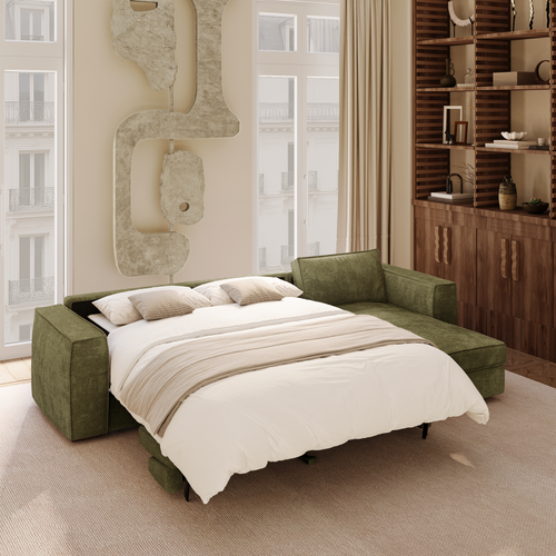 Premium Interiors - Rechthoekige hoekbank MIKA - zacht aanvoelende geweven stof vintage groen 292cm