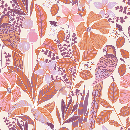 ESTAhome behang tropische bloemen en paradijsvogels oranje en paars - 50 x 900 cm - 131155 - vtwonen shop