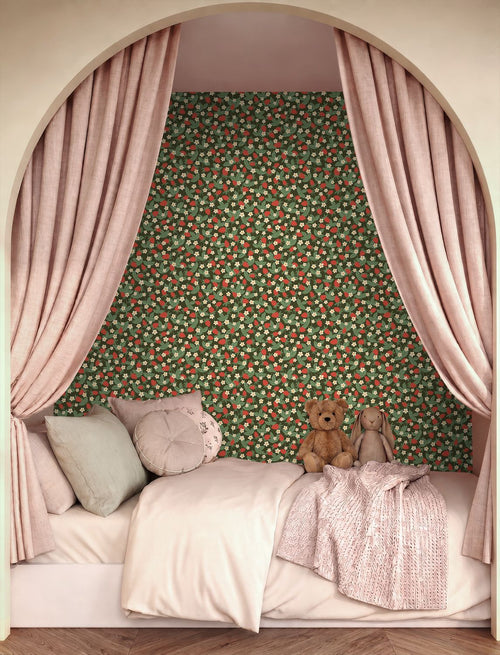 ESTAhome behang aardbeien groen en rood - 50 x 900 cm - 132168