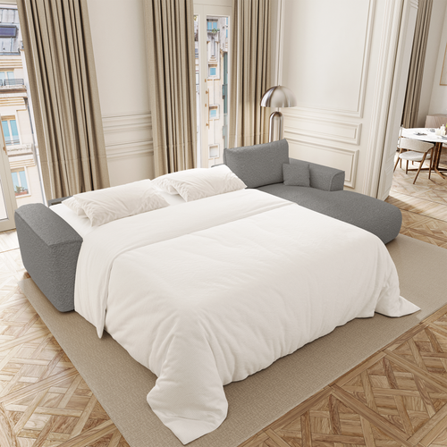Premium Interiors - Rechthoekige hoekbank met snelle slaapfunctie COMO - bouclé-stof grafietgrijs 300cm