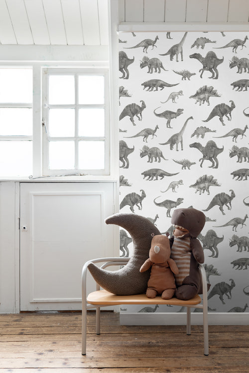 ESTAhome behang dinosaurussen grijs - 50 x 900 cm - 131203