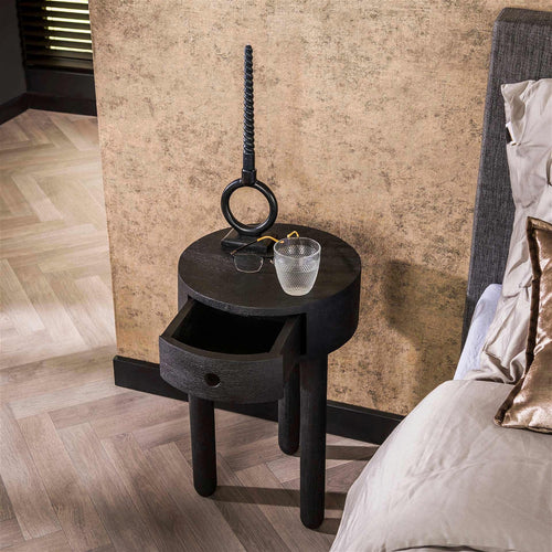 Giga Meubel Nachtkastje Round - Zwart Acaciahout - 35x35x55cm