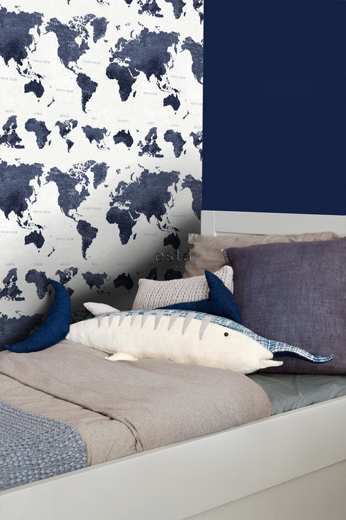 ESTAhome behang vintage wereldkaarten donkerblauw - 53 cm x 10.05 m - 138972