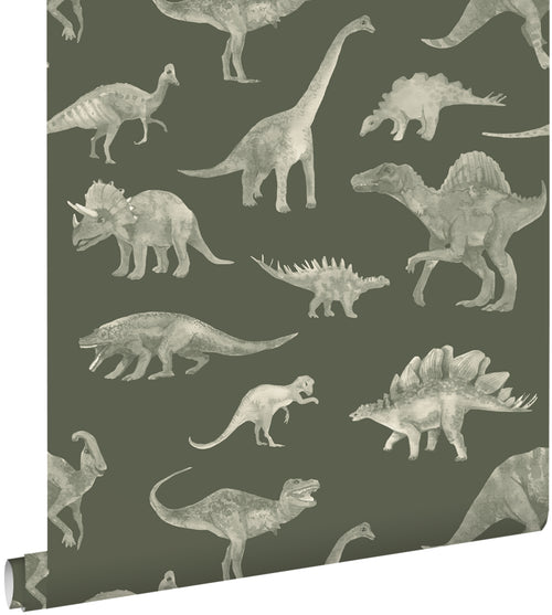 ESTAhome behang dinosaurussen olijfgroen - 50 x 900 cm - 131867