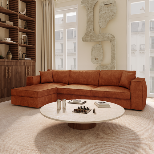 Premium Interiors - Hoekbank (links) MIKA - zacht aanvoelende geweven stof terracotta 292cm