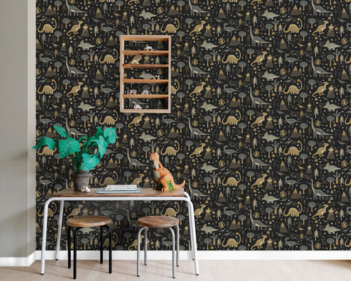 ESTAhome behang dinosaurussen vergrijsd blauw, bruin en zwart - 50 x 900 cm - 139803