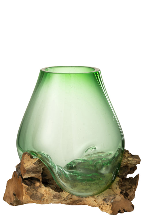 J-Line vaas op voet Gamal - hout/glas - naturel/groen - large - 33 cm hoog