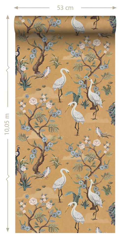 ESTAhome behang kraanvogels okergeel - 50 x 900 cm - 139707