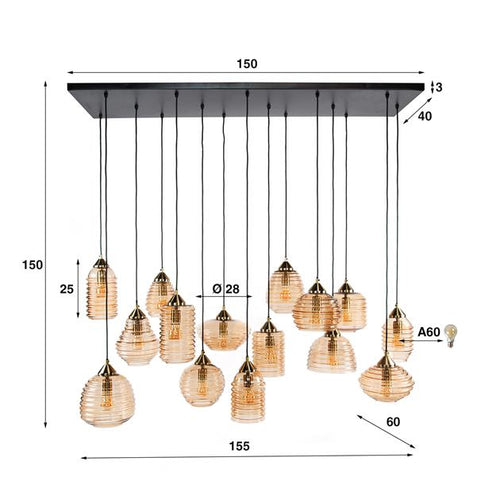 Giga Meubel Hanglamp Rib Glass - Amber - 15-Lichts - 155x60x150cm