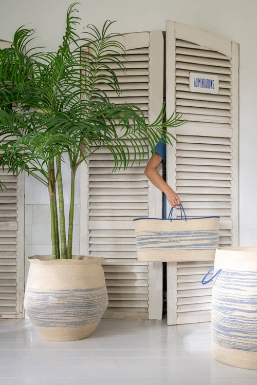 J-Line mand Met Handvat Gestreept - zeegras - naturel/blauw