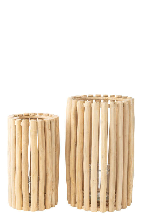 J-Line lantaarn - hout - naturel - set van 2