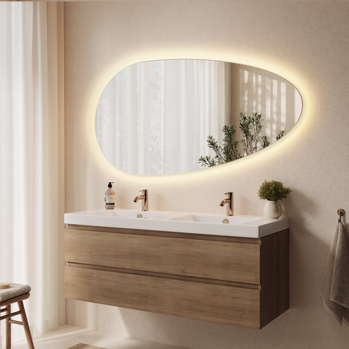 LOMAZOO badkamerspiegel Adana - organisch - met LED verlichting & spiegelverwarming - asymmetrisch - 140 x 71 cm