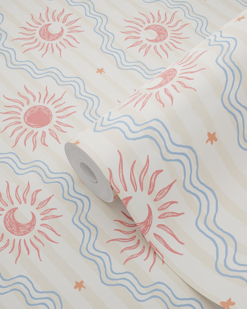 ESTAhome behang retro ornamenten beige, blauw en rood - 50 x 900 cm - 132014
