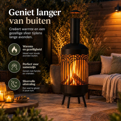 Mica Decorations Vuurkorf Roest - Vuurkorf met Opengewerkt Design van Stevig IJzer - Sfeervolle Tuinhaard met Hoge Schoorsteen voor Terras en Tuin -