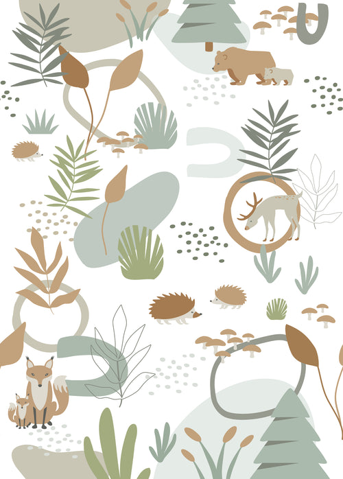 ESTAhome fotobehang bos met bosdieren vergrijsd groen en beige - 200 x 279 cm - 159256 - vtwonen shop