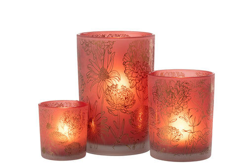 J-Line windlicht bloemen - glas - mat rood/goud - large
